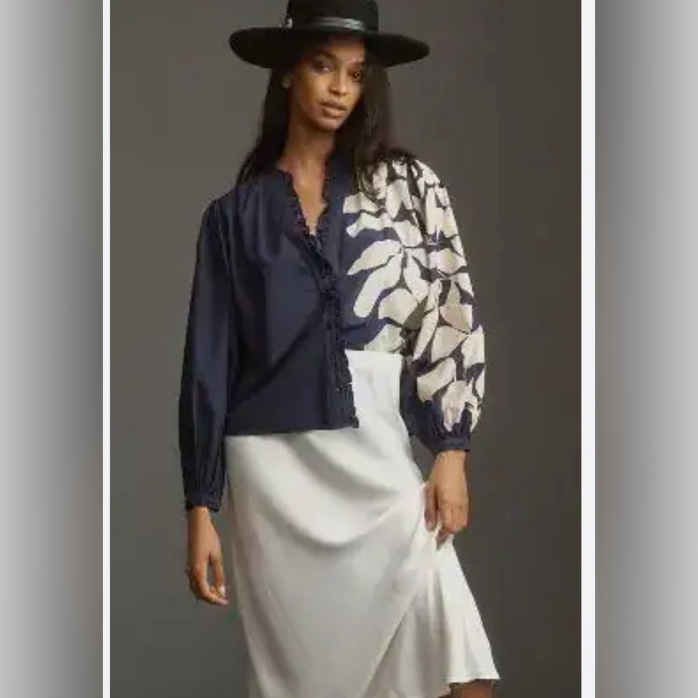 Anthropologie Forever That Girl Printed Ruffle Buttondown Blouse navy blue $199